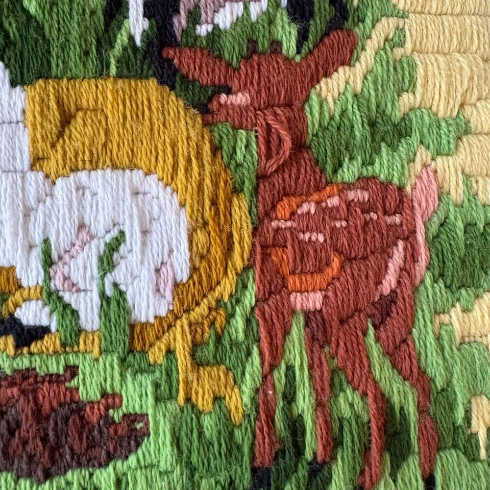 Vintage Yellow and Green Embroidered Nursery Cute Animals Lion Bunny Deer